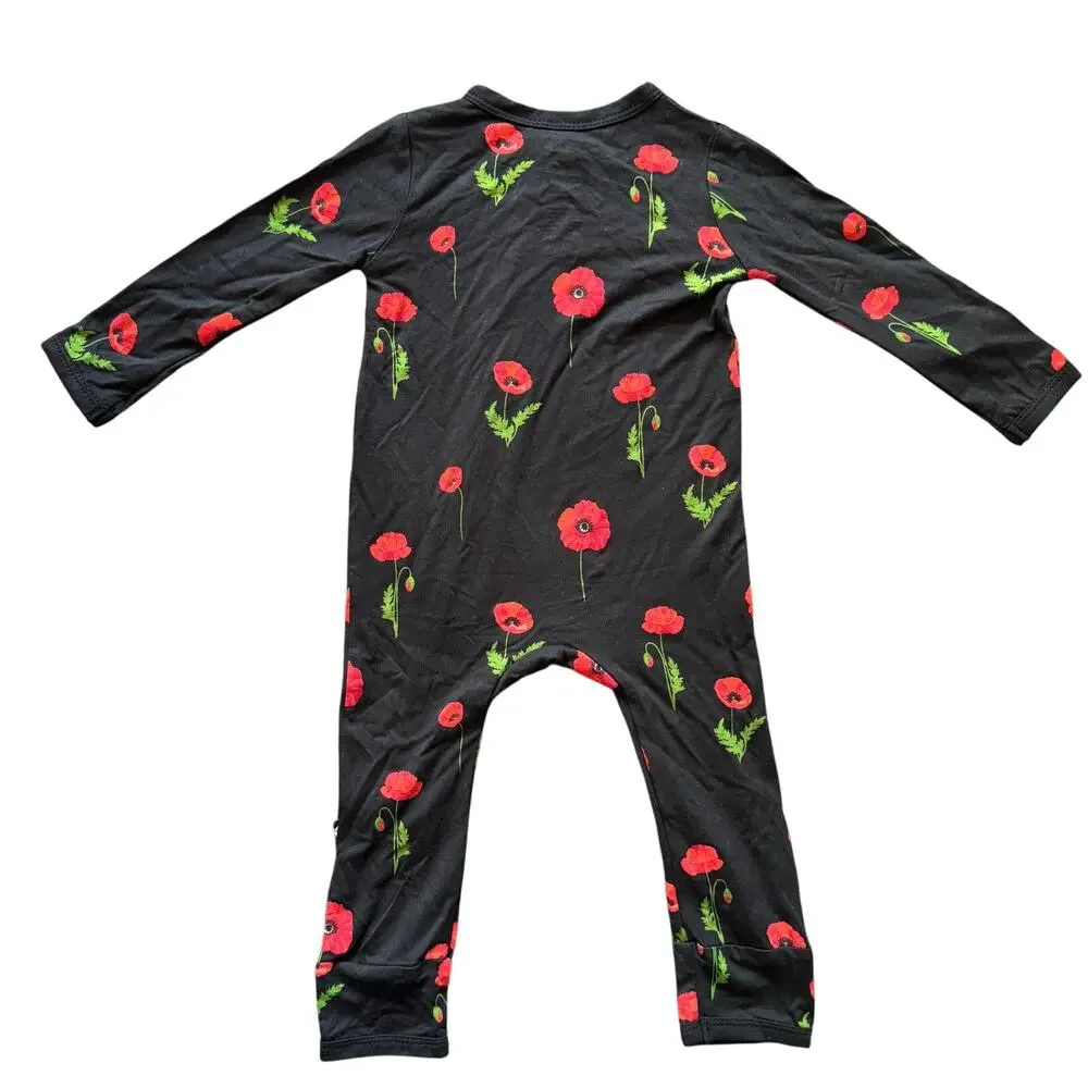 NWOT KYTE Baby Zippered Romper in Midnight Poppies Black Bamboo Size 12 Months